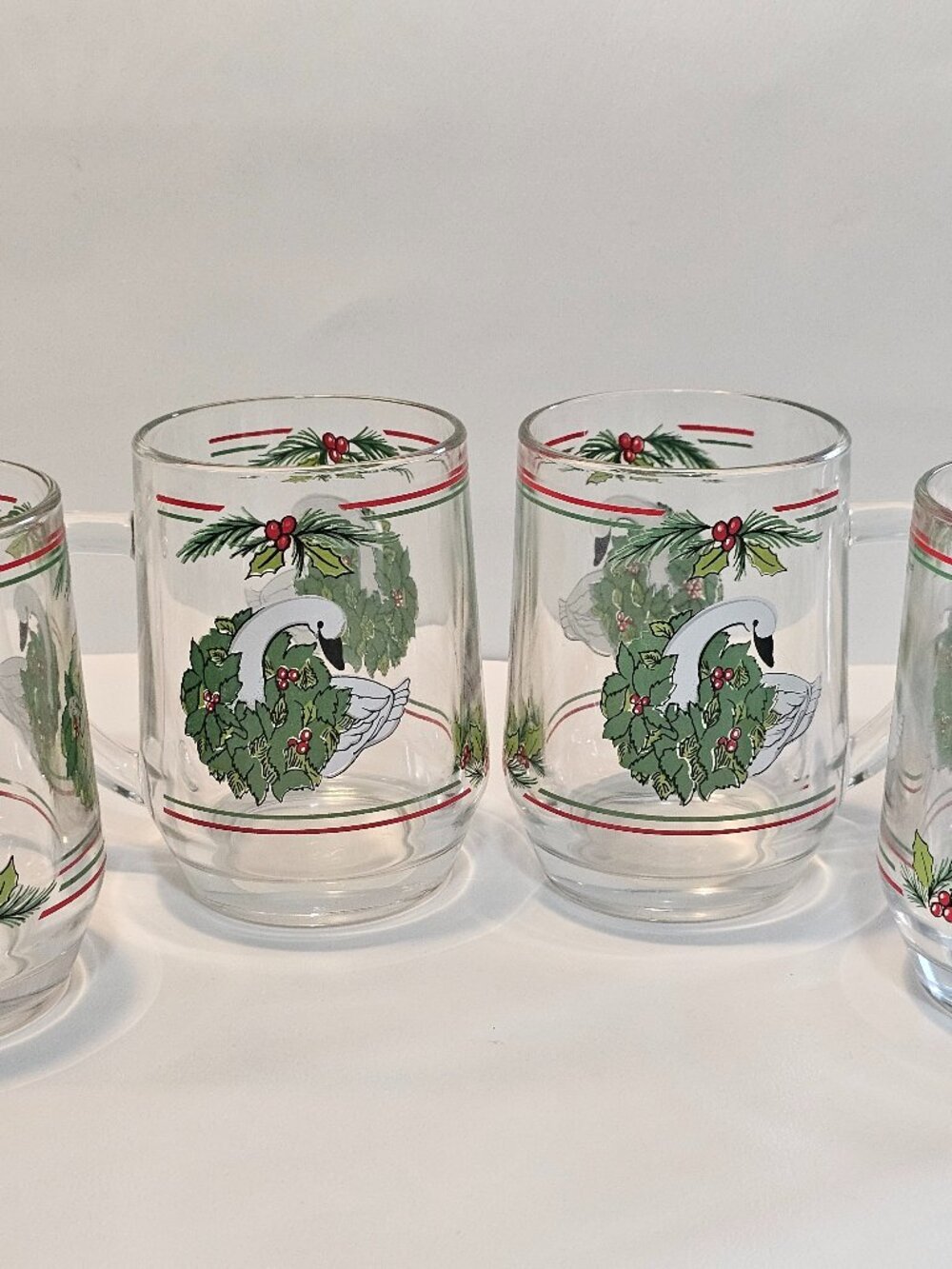 Set of 4  Christmas Goose Swan Clear Glass Mugs Holly Wreath Red Green Stripe